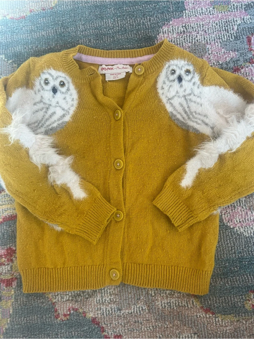 Mini Boden x Harry Potter Mustard Yellow Owl Cardigan with Fuzzy Details
